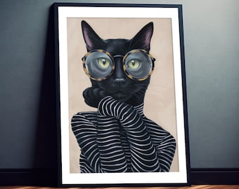 Black cat with glasses art print poster picture to frame Exclusive wall art for living room, bedroom
