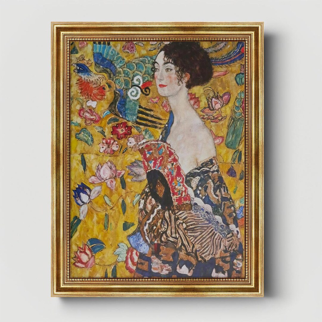 Gustav Klimt Lady With Fan Canvas Print With Gold Frame Wall Decoration ...