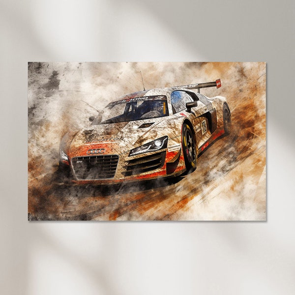 Audi R8 Car Poster, Classic Car Print, Retro Car Painting, Boys Room Poster, Sport Car Decor, Youth Wall Art