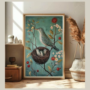 Poster con stampa artistica di un uccello con due pulcini per gli amanti degli uccelli, foto da incorniciare per la decorazione da parete del soggiorno, della camera da letto
