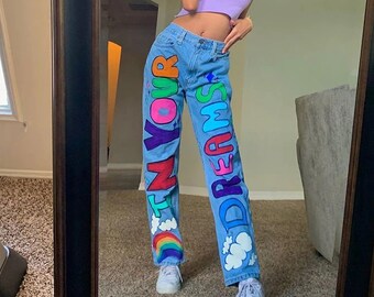 Streetwear Rainbow Letter Print High Waist Jeans For Woman