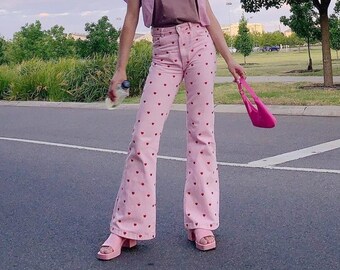 Y2K Pink Pants Heart Printed Sweet Trousers Vintage Aesthetic