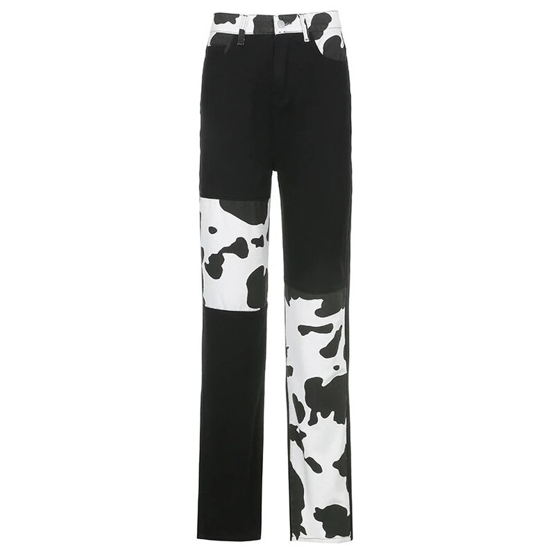 Cow Print Y2K Patchwork High Waist Jeans Straight Slim Pants image 5