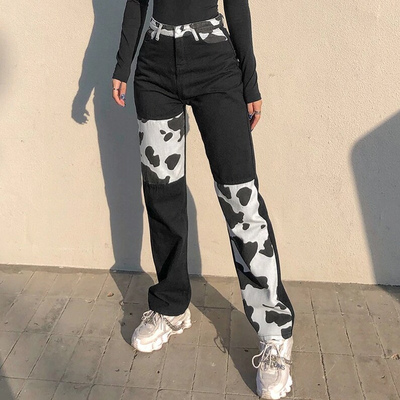 Cow Print Y2K Patchwork High Waist Jeans Straight Slim Pants image 3