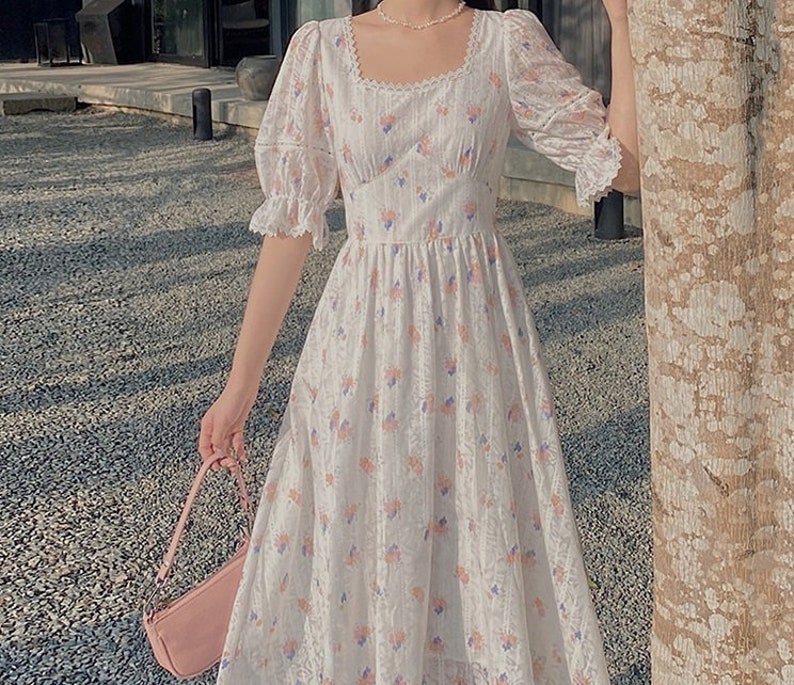 Cottage Girl Elegant Floral Chiffon Lace Midi Dress Summer Etsy