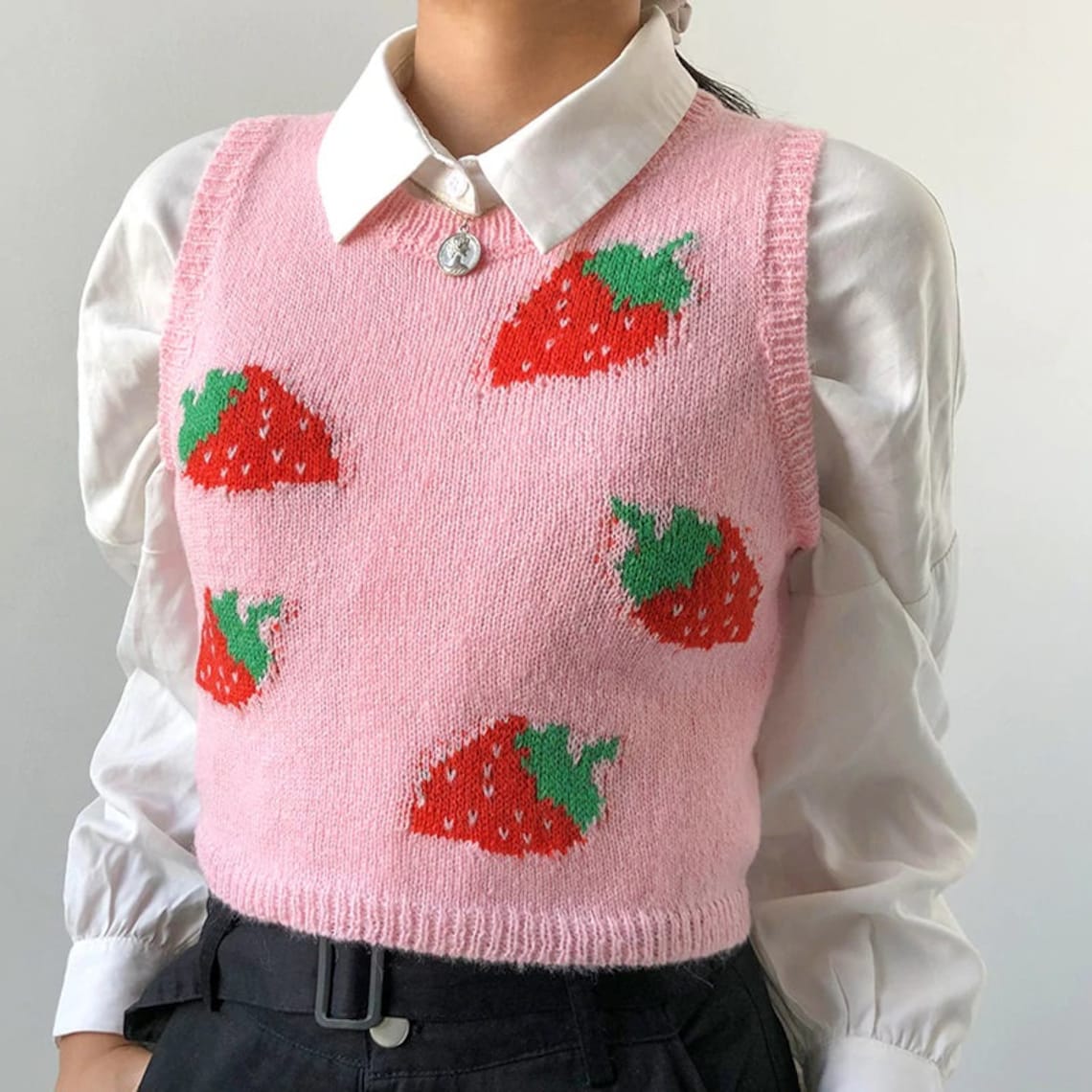 Sleeveless Sweet Pink Strawberry Knitwear y2k Sweater Vest Y2K Etsy