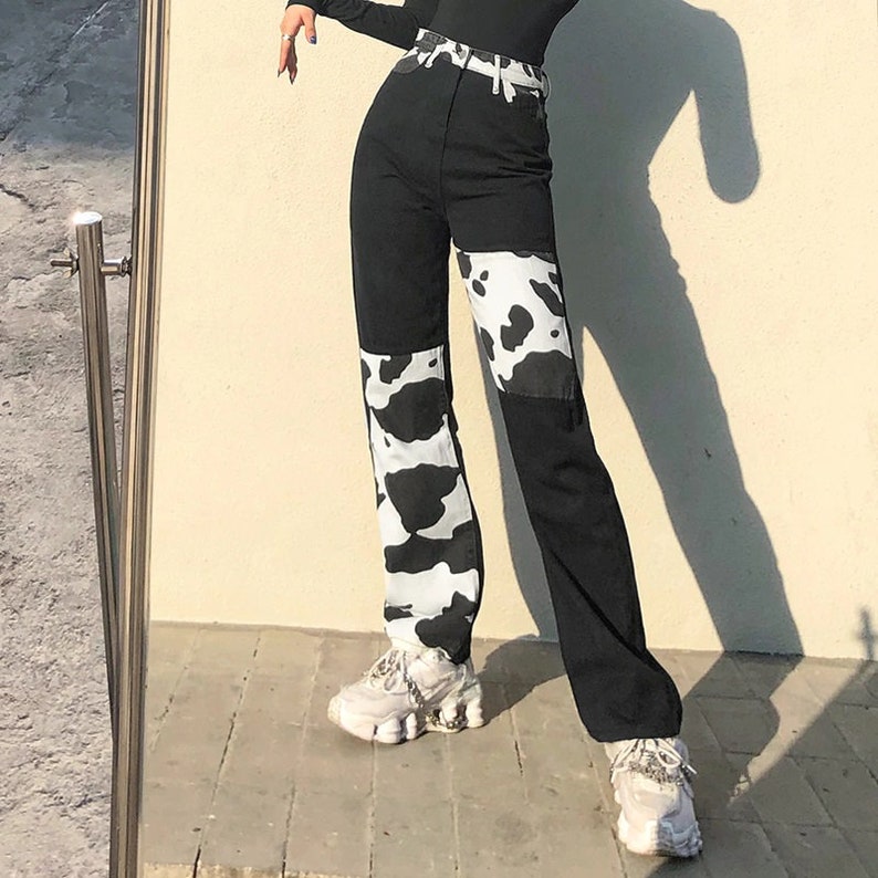 Cow Print Y2K Patchwork High Waist Jeans Straight Slim Pants image 2