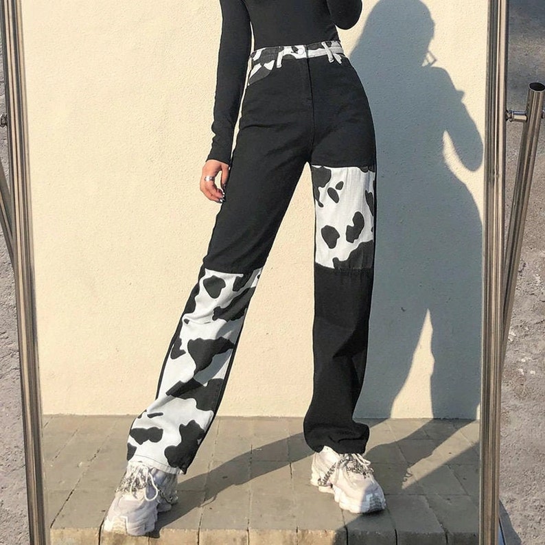 Cow Print Y2K Patchwork High Waist Jeans Straight Slim Pants image 1