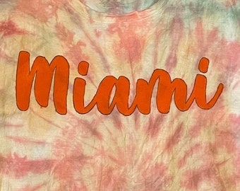 COLLEGE TAILGATE - university of miami (uMiami) orange and green hand tie dyed trendy oversized tee - size LARGE