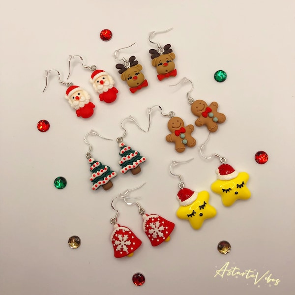 Earrings Christmas Winter Star Bell Gingerbread Man Xmas Tree Reindeer Cute Pendant Yule Candy Sugar Holiday Santa Claus Lovely Gift Idea
