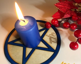Yule Inspired Wood Candle Holder Blue Winter Solstice Magic Black White Wicca Xmas Holiday Gift Idea Ornament Decoration Pentacle Reversible