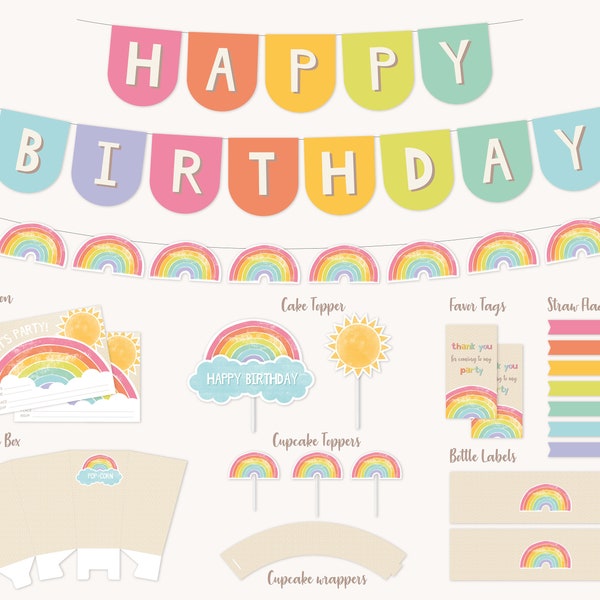 Rainbow Party Package, Printable Rainbow Party Decor, Rainbow Birthday Party, Baby Shower Decor, Rainbow Printable Kit, Instant Download