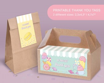 May include: Printable thank you tags with a sweet theme. The tags feature a pastel color scheme with a striped awning, ice cream cones, candy, and a cupcake. The text on the tags reads "a sweet thank you". The tags are available in two sizes: 2.3x4.3 inches and 4.7x7 inches.