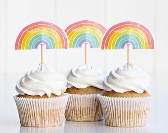 Topper per cupcake arcobaleno stampabili, Topper per cupcake per feste arcobaleno, Topper per cupcake arcobaleno colorati e moderni, Download immediato, JPG
