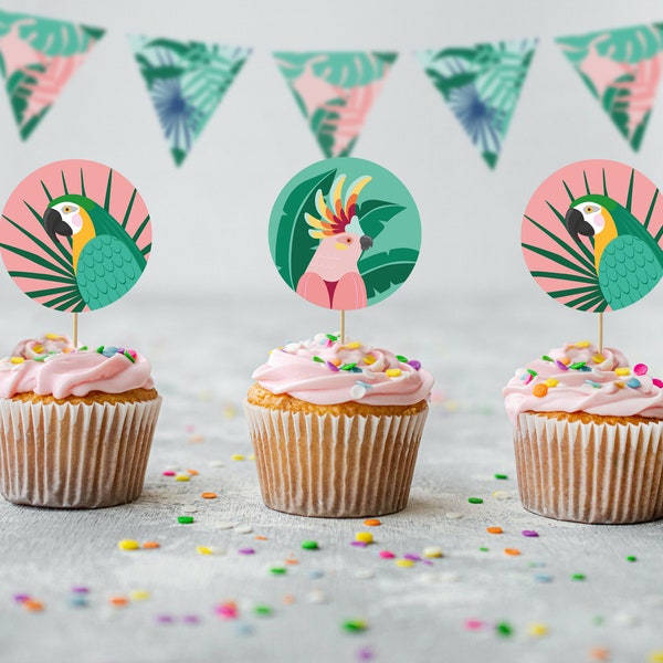 Tropical Cupcake Toppers | Printable Parrot Decorations | Hawaii Party Decor I DIGITAL DOWNLOAD