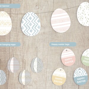 Puede incluir: Un conjunto de diseños de huevos de Pascua imprimibles con patrones geométricos en colores pastel. Los diseños incluyen una pancarta, huevos colgantes y etiquetas de regalo con el texto "Feliz Pascua".