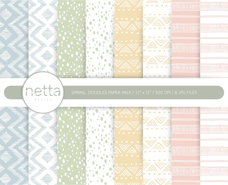 Doodle Digital Paper Pack, Spring Digital Papers, Hand Drawn Patterns ...