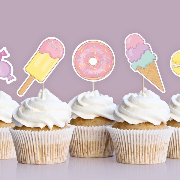 Sweet Birthday Cupcake Toppers Set, Sweet Shoppe Party, Candy Land, Girl Birthday, Pastell Birthday, Printables, Digital, Instant Download