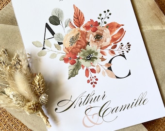 Personalized rustic wedding invitation, orange/terracotta version, handmade, set of 10