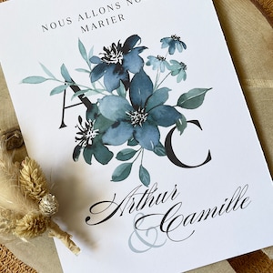 Faire Part de mariage champêtre à personnaliser  version bleu, fait main, lot de 10