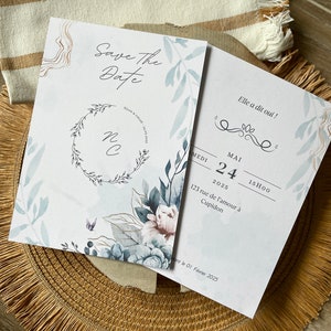 Save the date, Faire Part de mariage chic bleu et or à personnaliser, fait main, par lot de 10