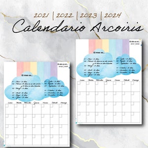 以下が含まれることがあります： 虹のデザインと黒い筆記体で「Calendario Arcoiris」と書かれた白いカレンダー。 カレンダーには2021年、2022年、2023年、2024年が含まれています。 月ごとの内訳と雲のイラスト、週ごとのスケジュールグリッドが特徴です。