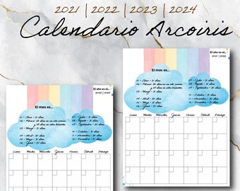 Calendario Arcoíris Rellenable | 2021 | 2022 | 2023 | 2024 | Acuarela | Descarga instantánea de PDF | Imprimible