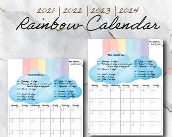 Fillable Rainbow Calendar | 2021 | 2022 | 2023 | 2024 | Watercolor | Instant PDF Download | Printable