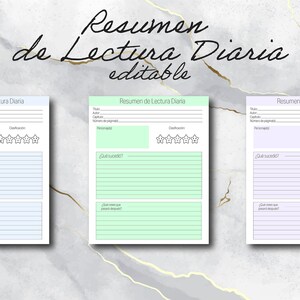 Może przedstawiać: Trzy arkusze podsumowania czytania w pastelowych kolorach: niebieskim, zielonym i fioletowym. Każdy arkusz ma sekcje na tytuł, autora, rozdział, numery stron i system ocen. Tekst "Resumen de Lectura Diaria editable" znajduje się na górze.