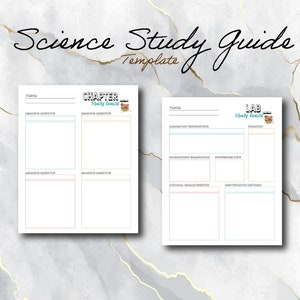 Puede incluir: Dos plantillas blancas de guías de estudio de ciencias con bordes y campos de texto en colores pastel. El texto superior dice "Science Study Guide Template" en una fuente manuscrita. Una plantilla está etiquetada como "Chapter Study Guide" y la otra como "Lab Study Guide".