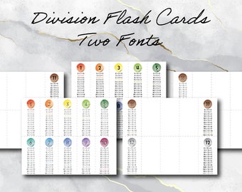 Division | Flash Cards | 1 - 12 | Watercolor | Two Different Fonts | Instant Download | Math Lifetime Printable PDF