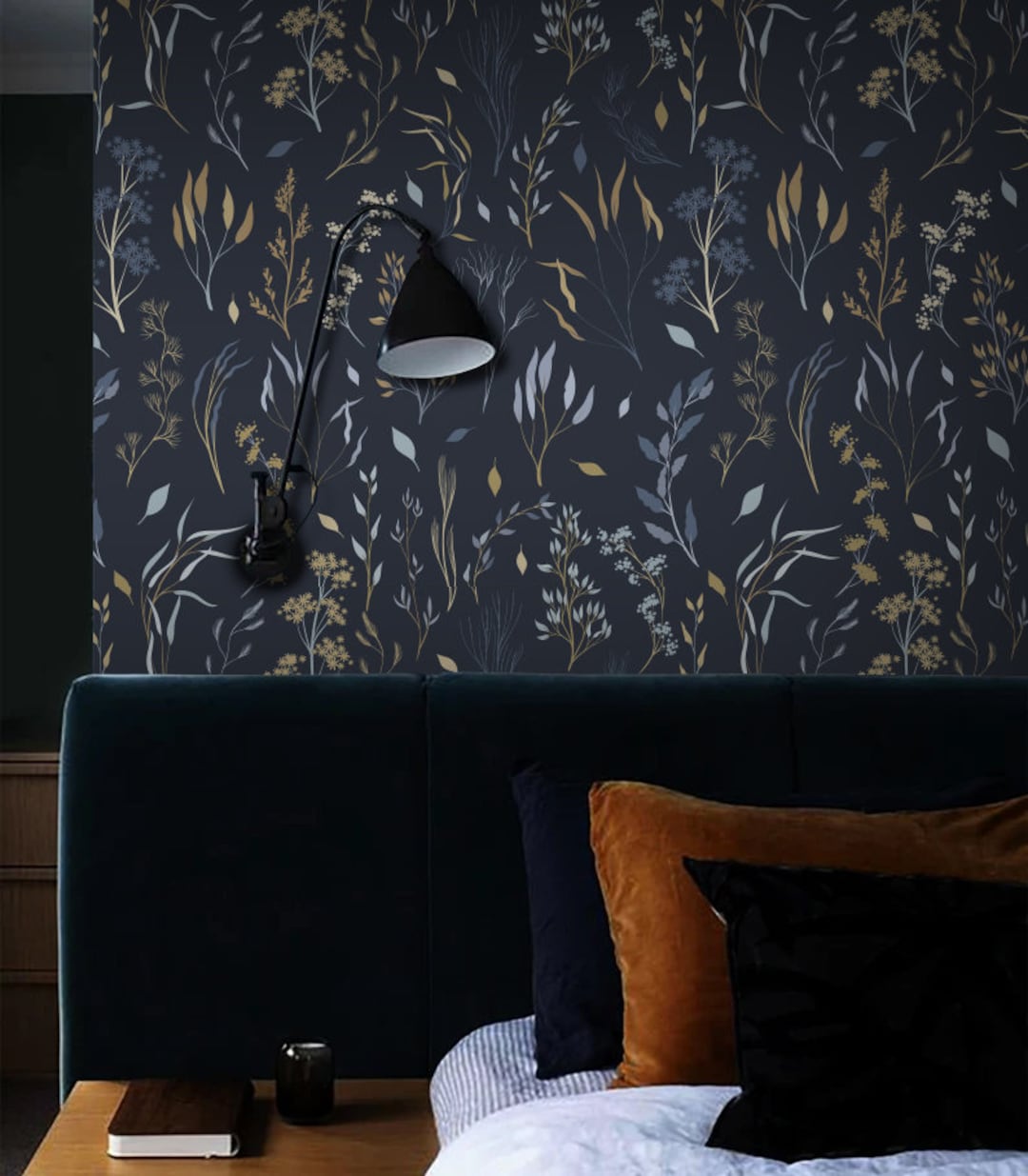 Navy Blue Wallpaper, Vintage Dark Botanical, Peel and Stick Wallpaper ...