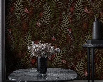 Papel pintado botánico oscuro vintage, mural de pared de plantas del bosque Peel & Stick, impresión de pared de fondo oscuro