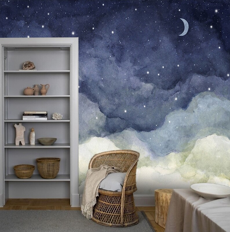 Cloudy Night Sky Wallpaper Peel Stick Moon Scape Wall Mural - Etsy Canada
