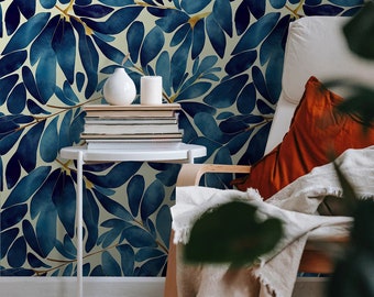 Blue Leaves Wallpaper, Watercolor Leaf Wall Mural, Bedroom Wallpaper