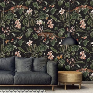Dark Tropical Wallpaper Peel Stick, Botanical Wall Mural