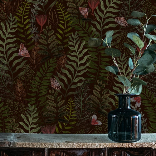 Dark Botanical Wallpaper Peel and Stick Vintage Flowers Etsy