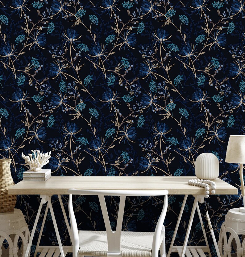 Vintage Dark Floral Wallpaper Botanical Plant Wall Print Etsy