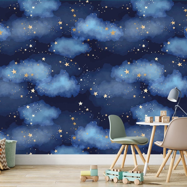 Stars and Clouds Wallpaper, Kids Room Cloudy Night Sky Wallpaper, Peel & Stick, Removable, Triditional Wallpaper