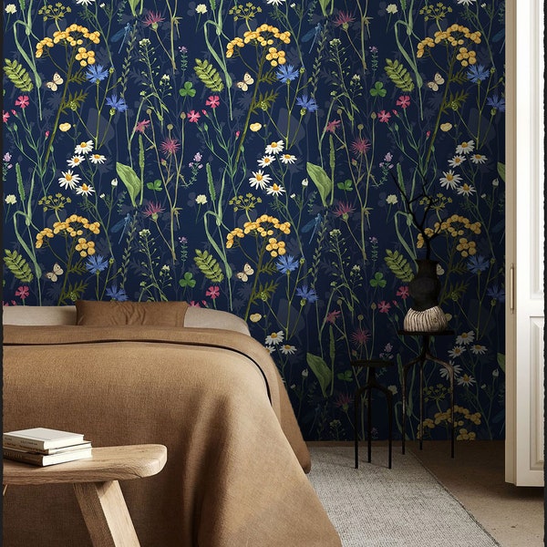 Dark Botanical Wallpaper, Tropical Plants Wall Print, Peel Stick & Self Adhesive Wallpaper