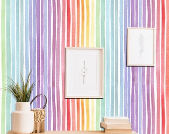 Peel and Stick Pastel Rainbow Striped Wallpaper, Kids Room Watercolor Paint Vertical Stripes Mural