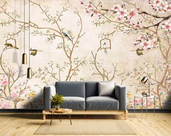 Chinoiserie Wallpaper Peel and Stick, Peacock Wall Mural, Wallpaper With Birds and Flowers