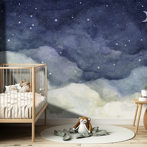 Cloudy Night Sky Wallpaper, Peel Stick Moon Scape Wall Mural