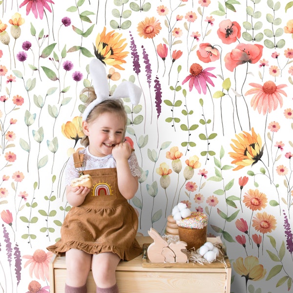 Watercolor Wild Flower Wallpaper, Peel and Stick Kids Soft Garden Flowers Wall Mural