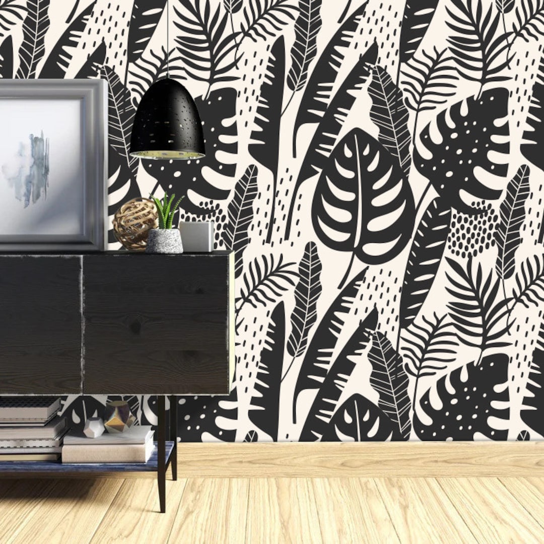 Black White Tropical Leaves Wallpaper / Peel and Stick Etsy