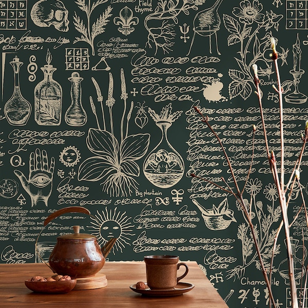 Herbs and Old Medical Symbols Pattern Wallpaper, Peel and Stick, Removable Wallpaper, Wall Print, Wall Mural