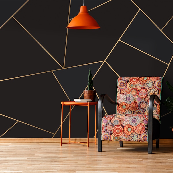 Geometric Golden Lines Wallpaper, Mosaic Gold & Black Texture Wall Mural, Modern Wallpaper