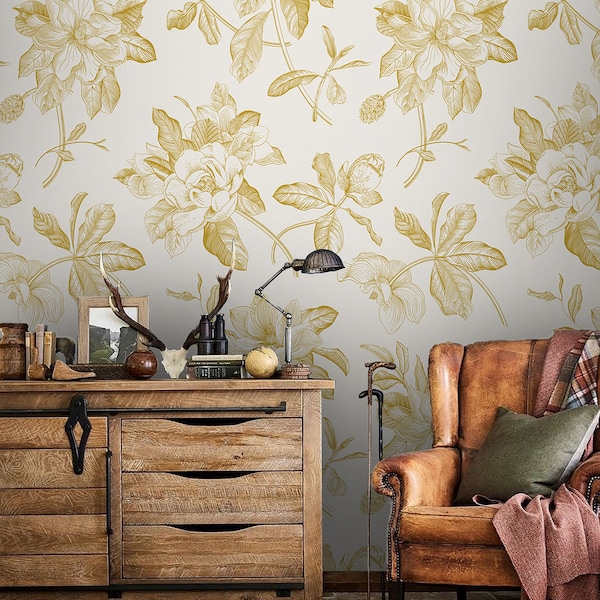 Gold Look Floral Wallpaper, Vintage Magnolia Flower Wall Mural