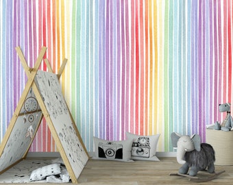 Peel and Stick Pastel Rainbow Striped Wallpaper, Kids Room Watercolor Paint Vertical Stripes Mural