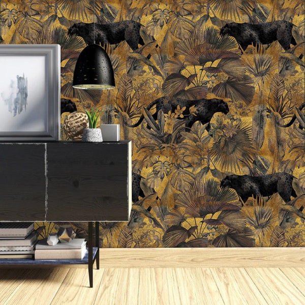 Tropical Wallpaper, Vintage Tropical Leaves and Panther Wall Mural, Peel & Stick, Removable, Triditional Wallpaper